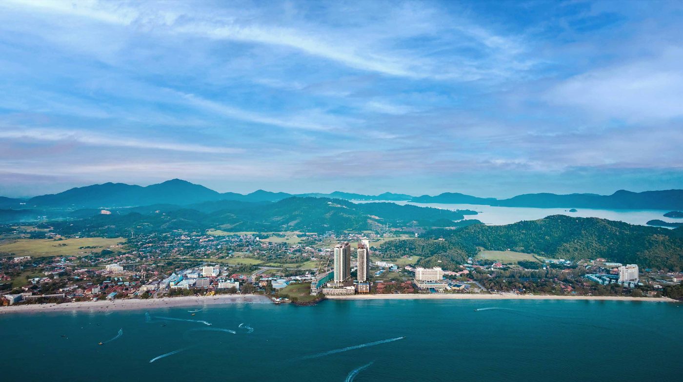 Aerial view of Clarissa twin towers on the Pantai Cenang beachfront, Langkawi