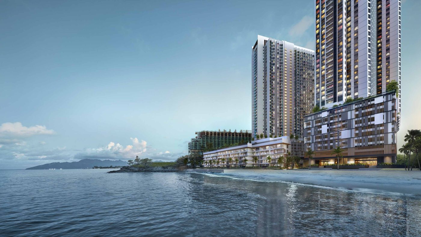 Clarissa towers seen from the water's edge at Pantai Cenang