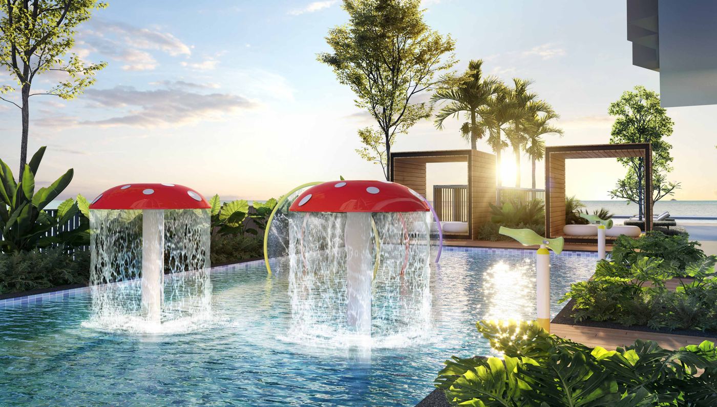 Children's wading pool with water play features at Clarissa Langkawi