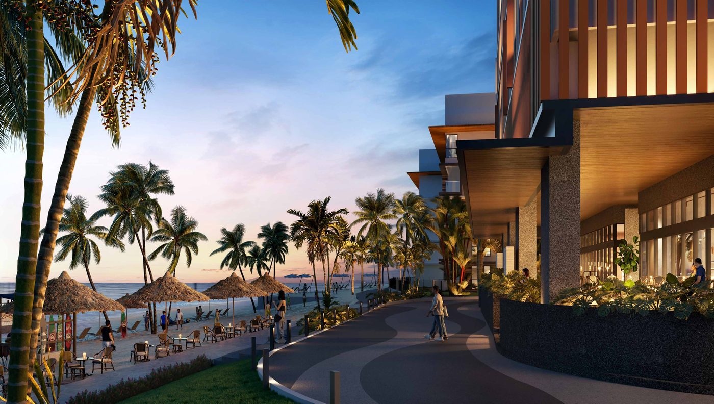 Palm-lined beachfront promenade connecting Clarissa to Cenang Beach