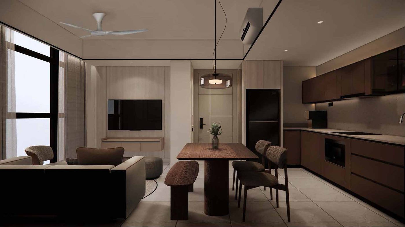 Fully furnished suite interior with open living and kitchen